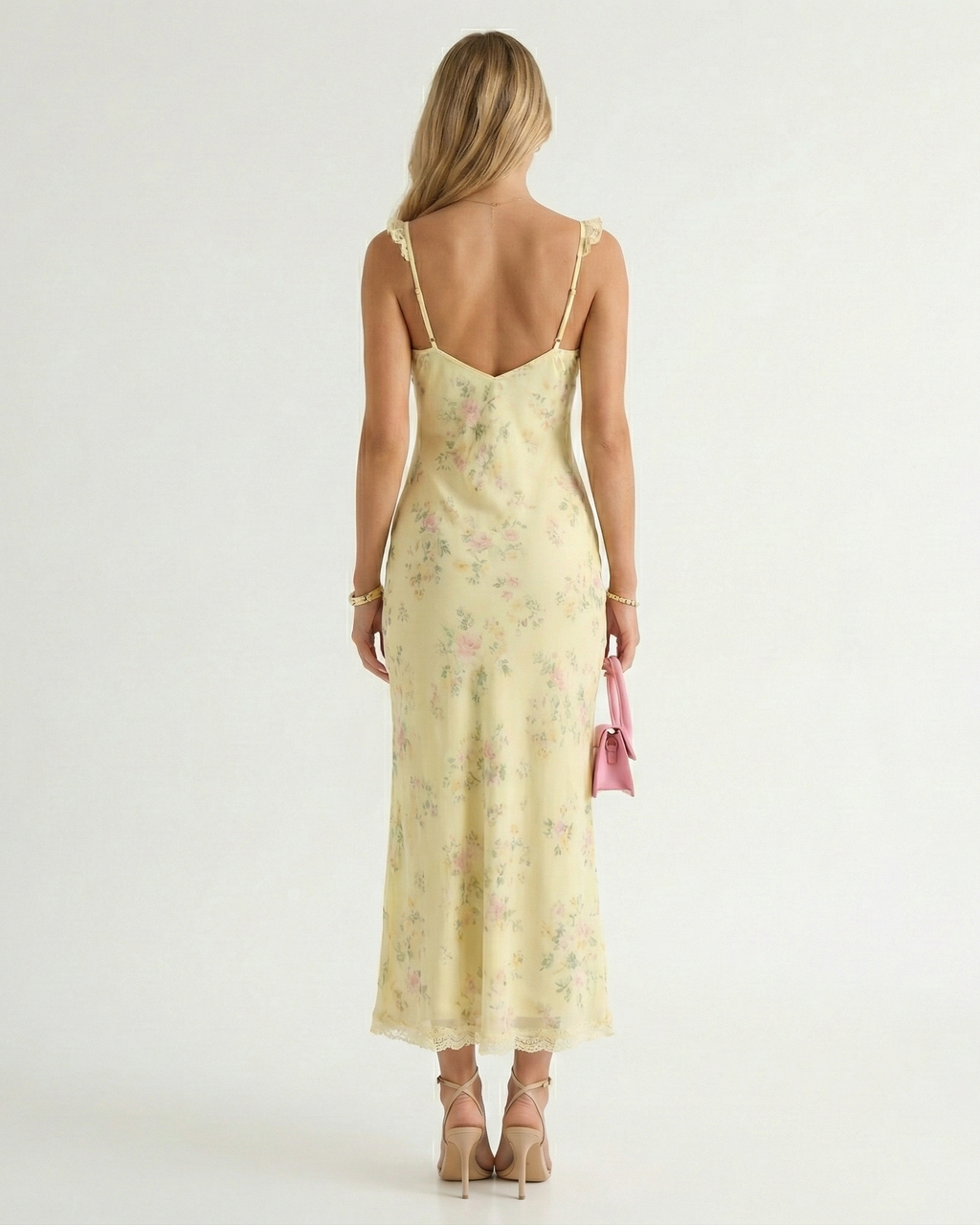 Robe de plage midi à bretelles spaghetti et imprimé floral, dos nu et décolleté en V