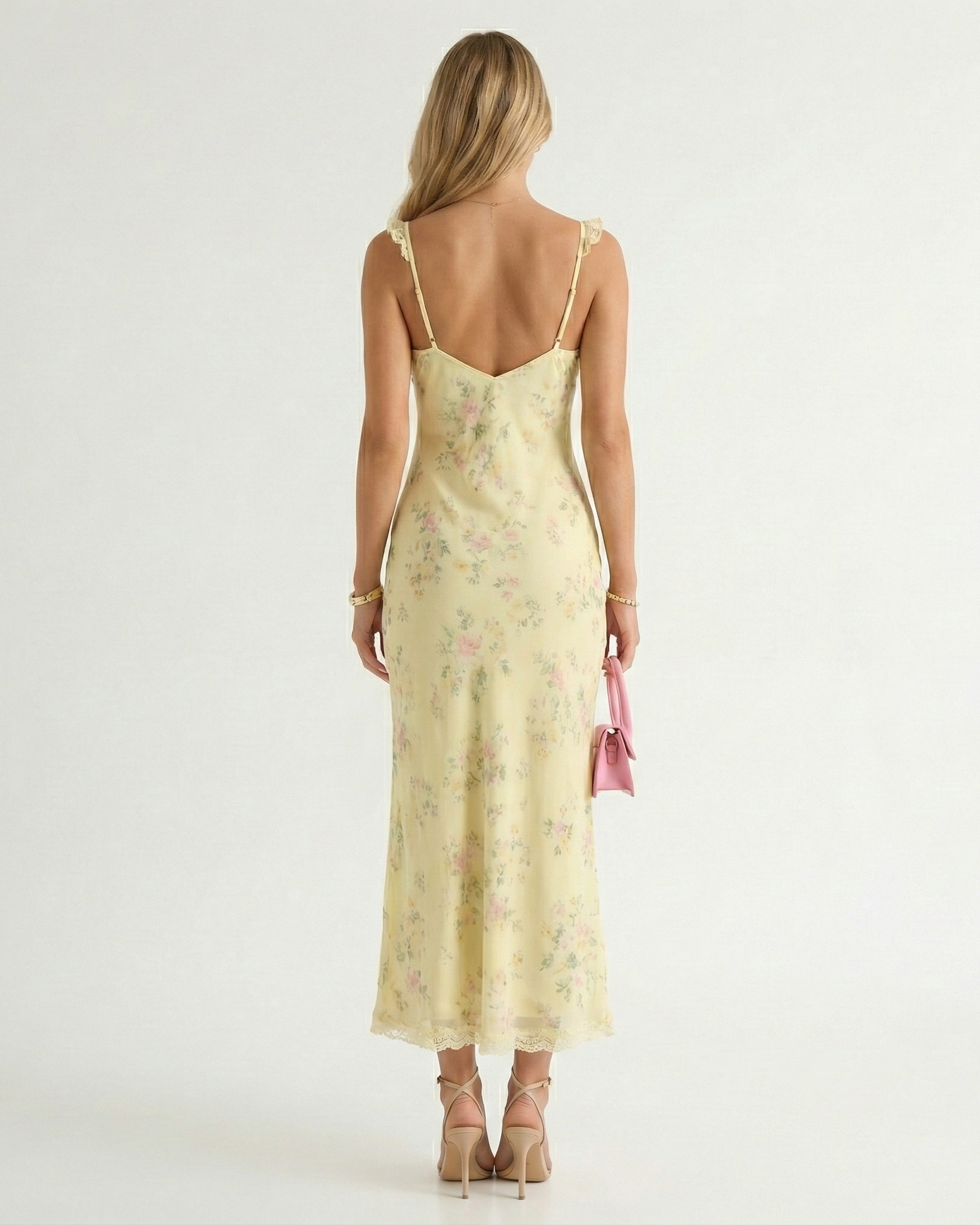 Robe de plage midi à bretelles spaghetti et imprimé floral, dos nu et décolleté en V