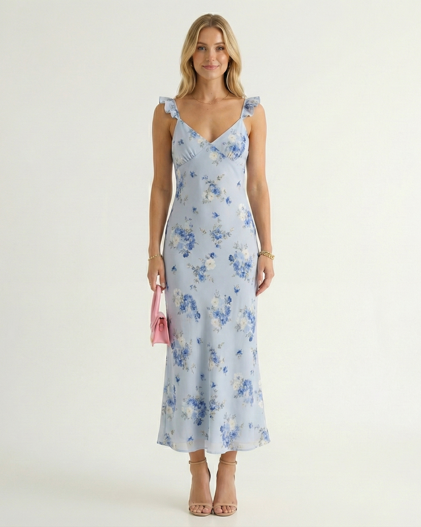 Robe de plage midi à bretelles spaghetti et imprimé floral, dos nu et décolleté en V