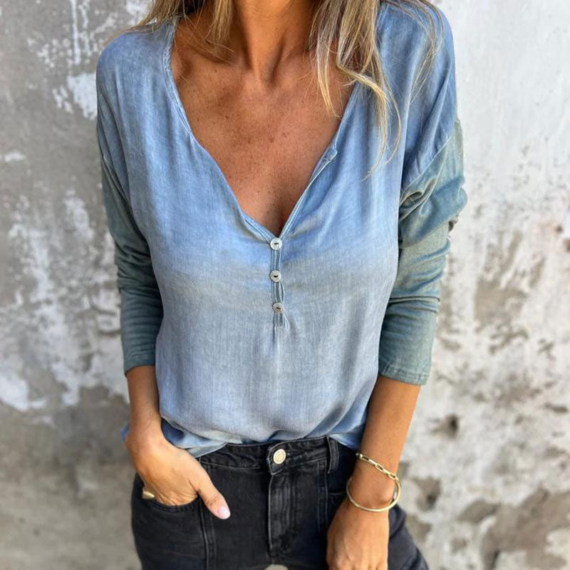 Amness | T-shirt long pour femmes décontracté avec décolleté en V et boutons