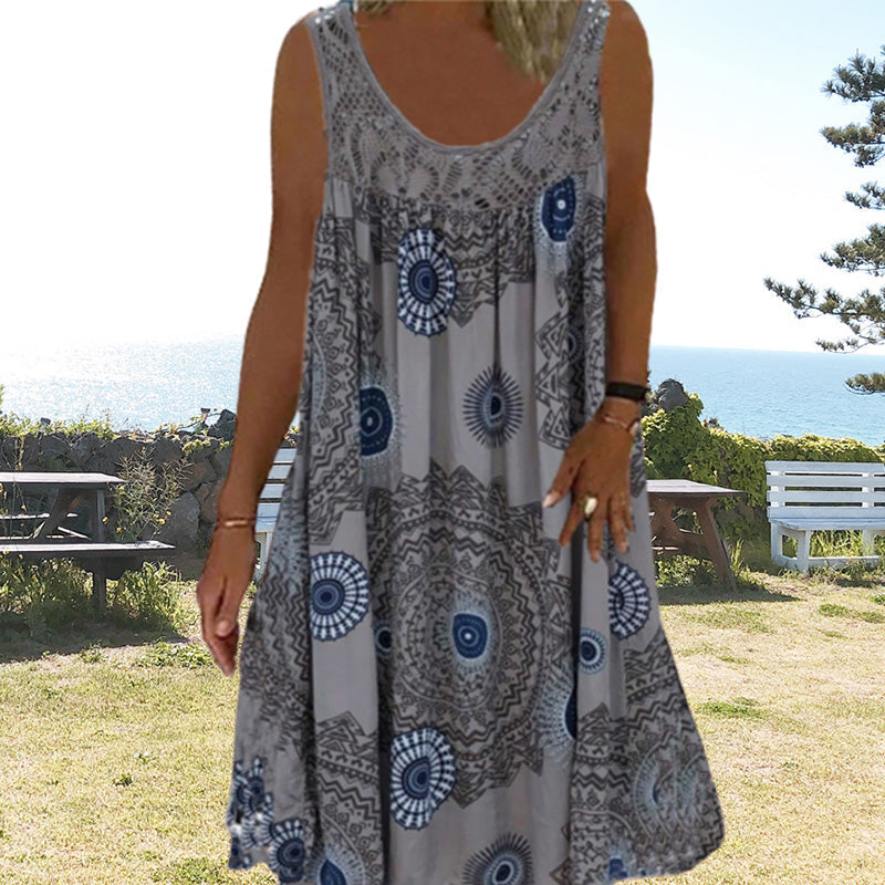 Robe ample femme sans manches imprimée avec dentelle