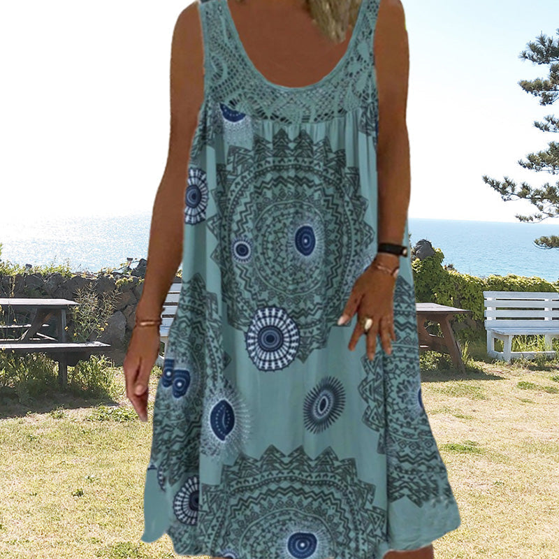 Robe ample femme sans manches imprimée avec dentelle