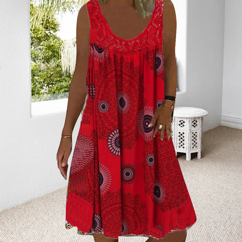 Robe ample femme sans manches imprimée avec dentelle