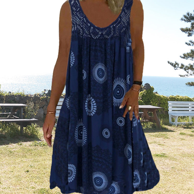 Robe ample femme sans manches imprimée avec dentelle
