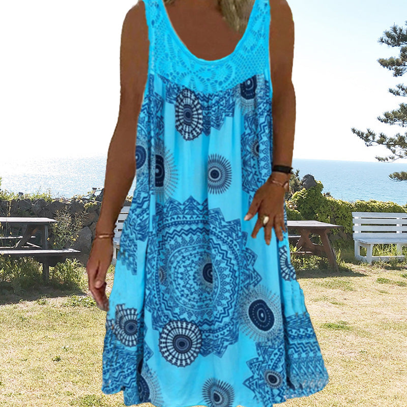 Robe ample femme sans manches imprimée avec dentelle