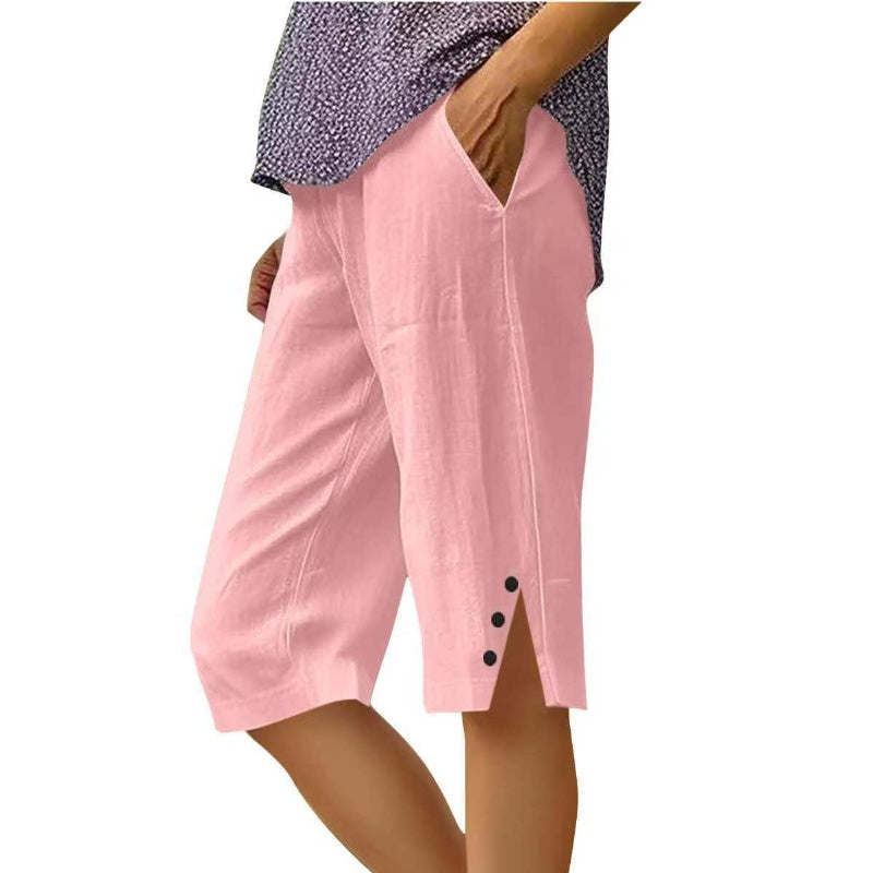 Pantalon capri femme uni avec poches latérales