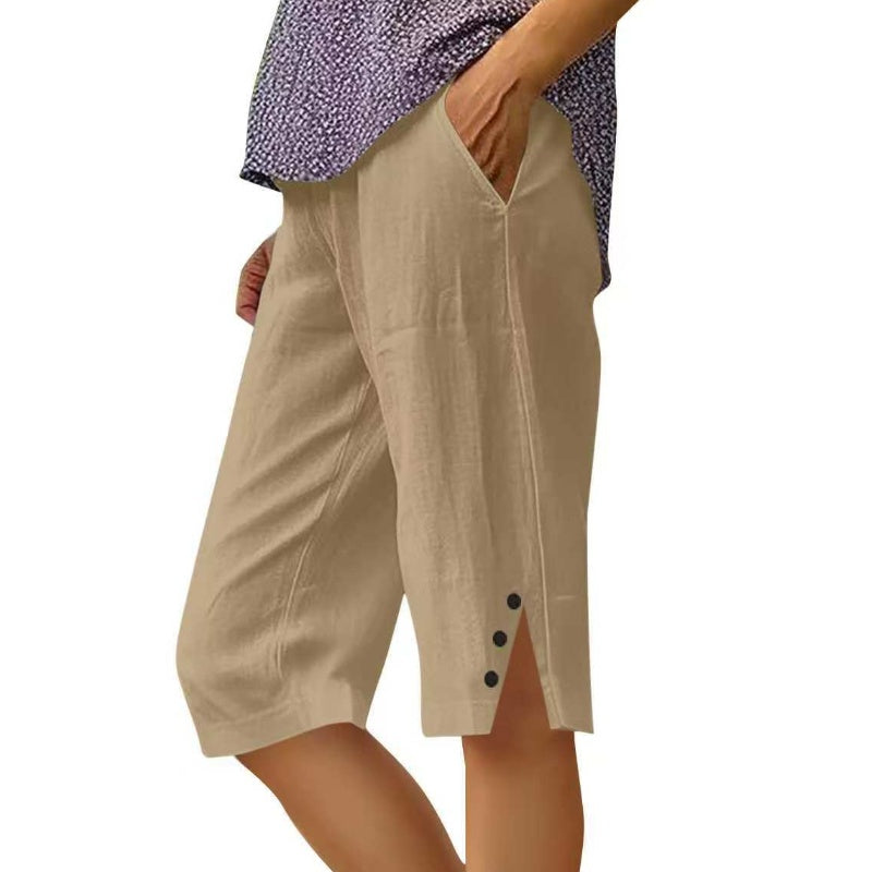Pantalon capri femme uni avec poches latérales