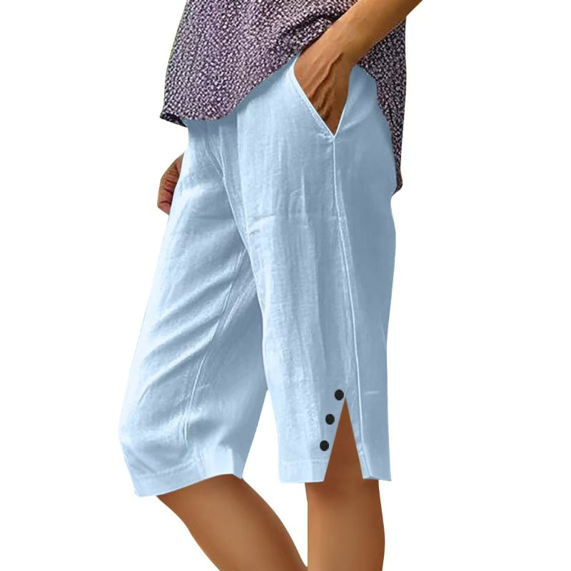 Pantalon capri femme uni avec poches latérales