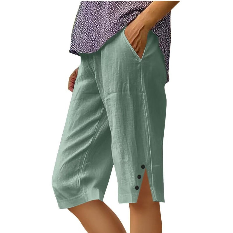 Pantalon capri femme uni avec poches latérales