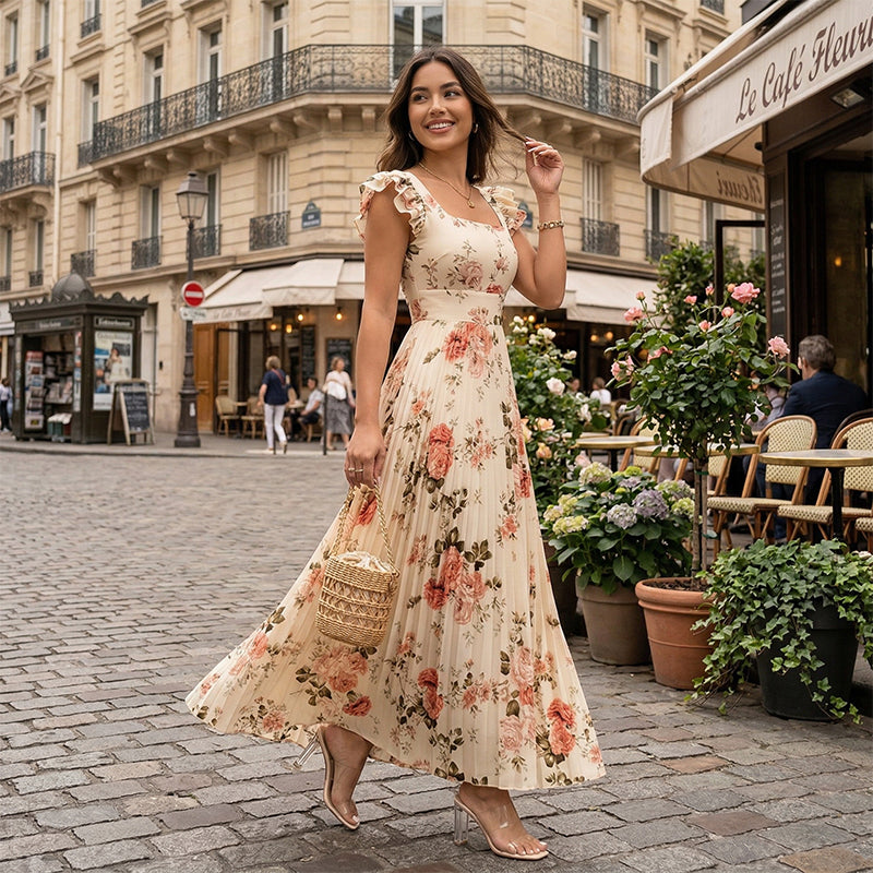 Elvinna | Robe maxi florale avec volants plissés