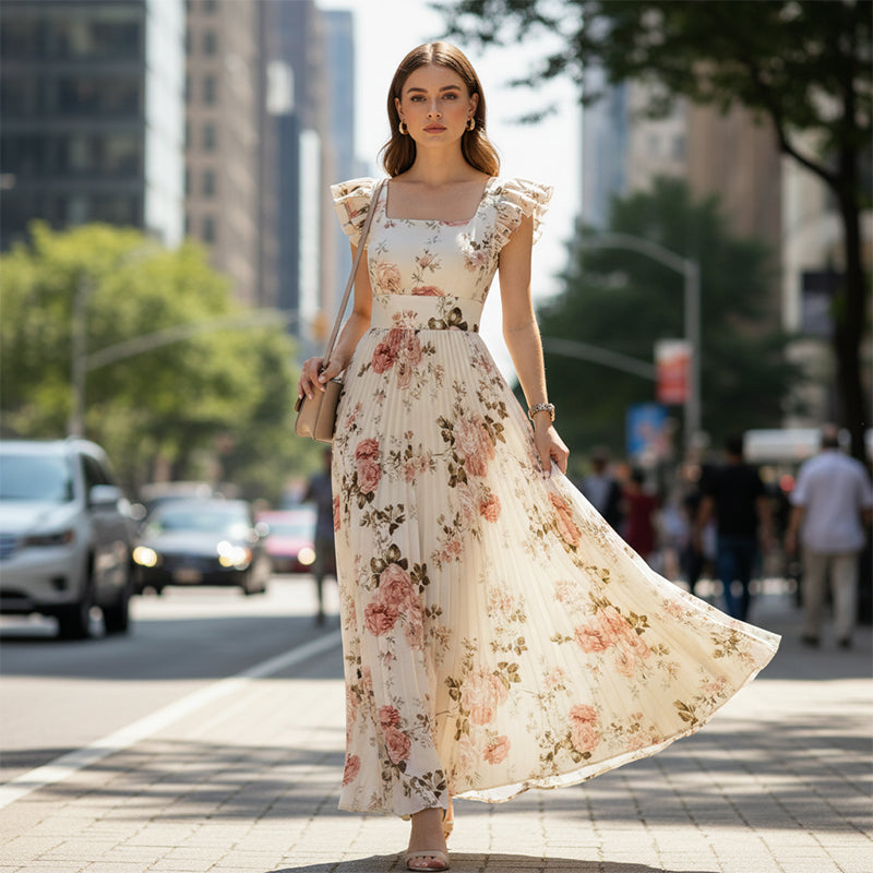 Elvinna | Robe maxi florale avec volants plissés
