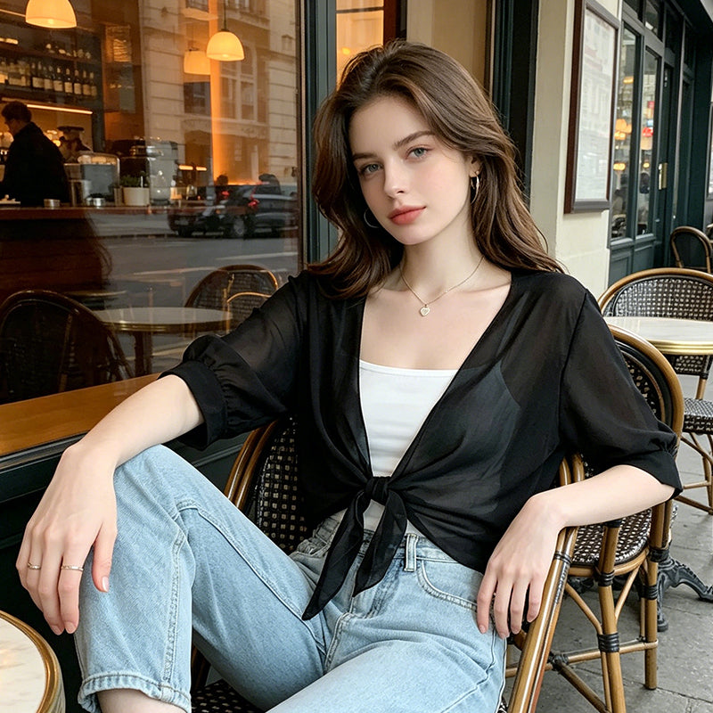 Gloumea | Cardigan court léger en chiffon transparent