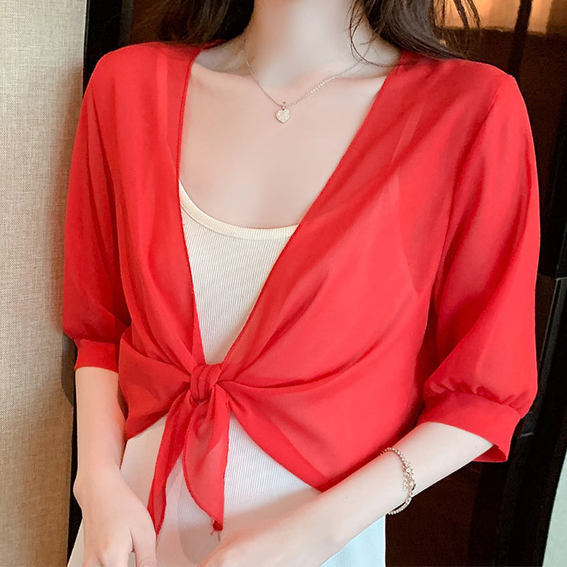 Gloumea | Cardigan court léger en chiffon transparent