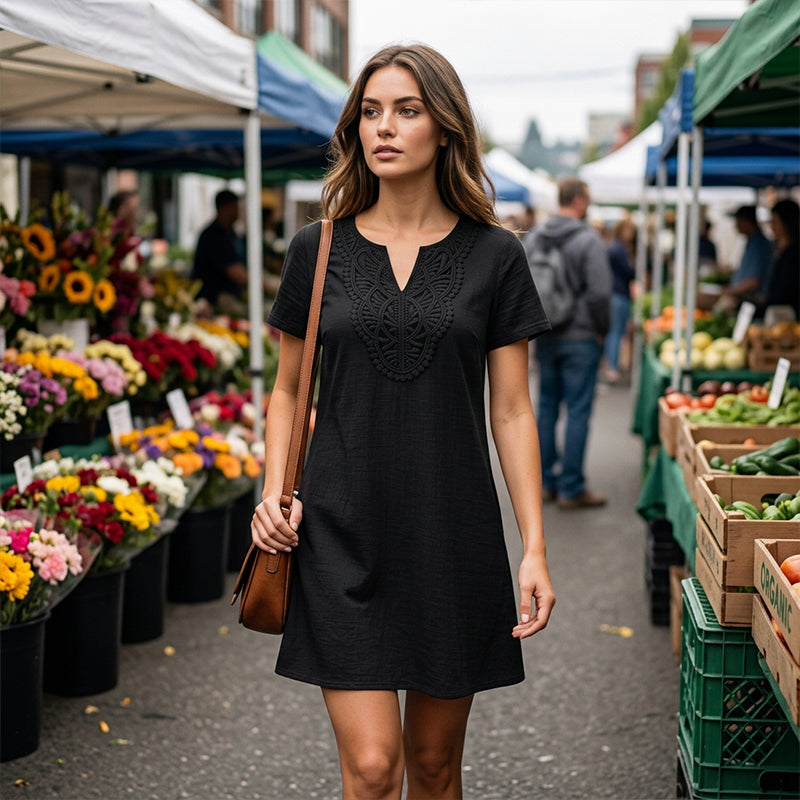 Erbeth | Robe T-Shirt Boho avec Dentelle et Décolleté en V