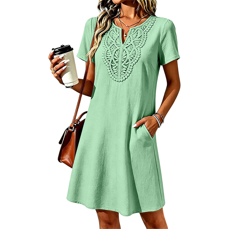 Erbeth | Robe T-Shirt Boho avec Dentelle et Décolleté en V