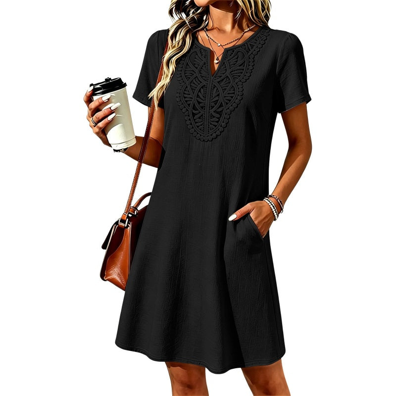 Erbeth | Robe T-Shirt Boho avec Dentelle et Décolleté en V