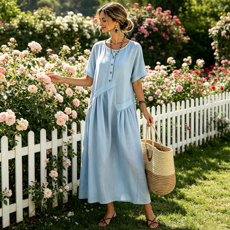 Robe maxi femme bleu clair à boutons et poches effet coton-lin