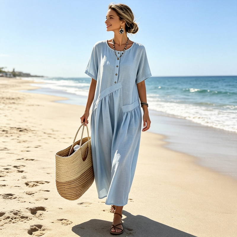 Robe maxi femme bleu clair à boutons et poches effet coton-lin