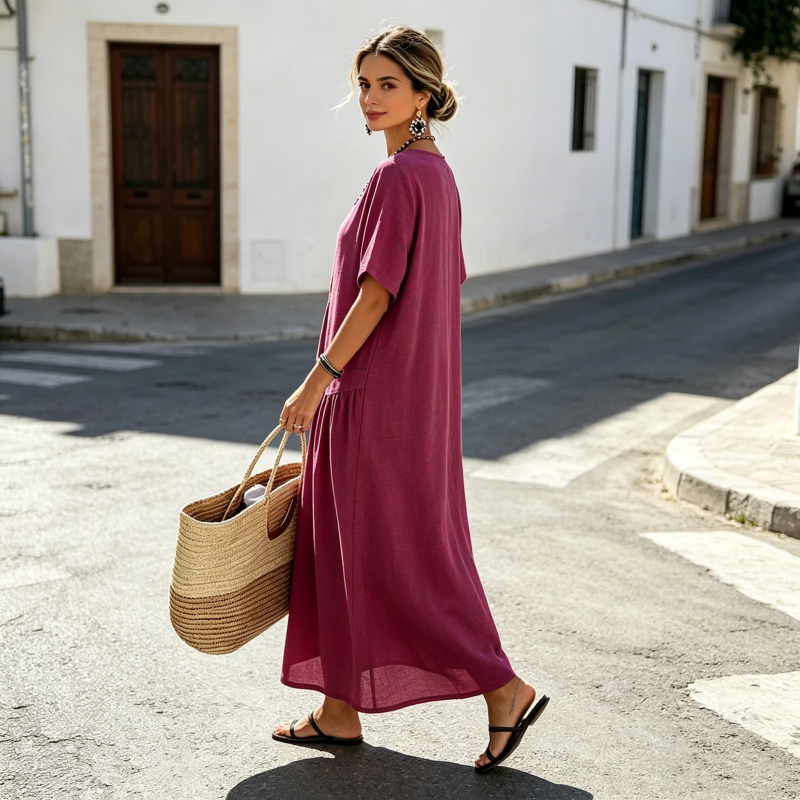 Robe maxi femme bleu clair à boutons et poches effet coton-lin