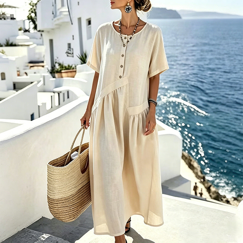 Robe maxi femme bleu clair à boutons et poches effet coton-lin