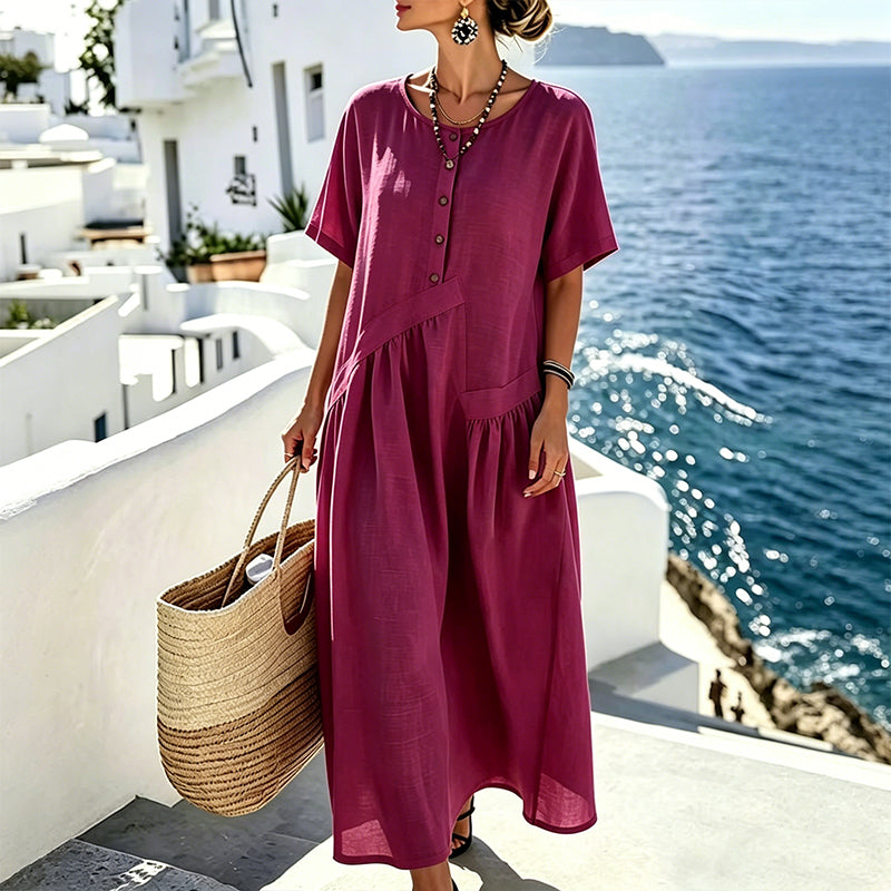 Robe maxi femme bleu clair à boutons et poches effet coton-lin
