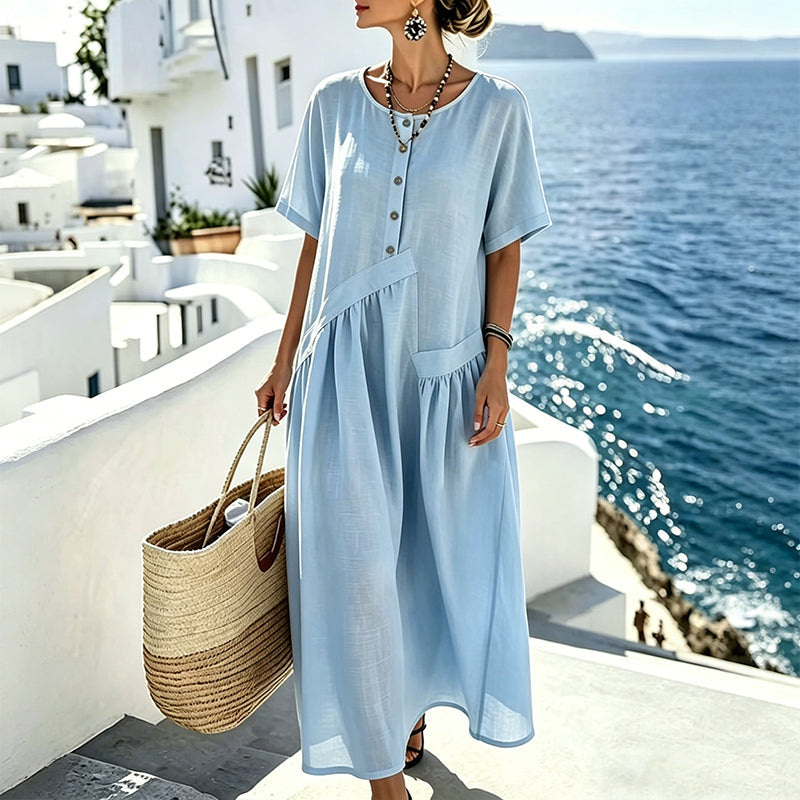 Robe maxi femme bleu clair à boutons et poches effet coton-lin