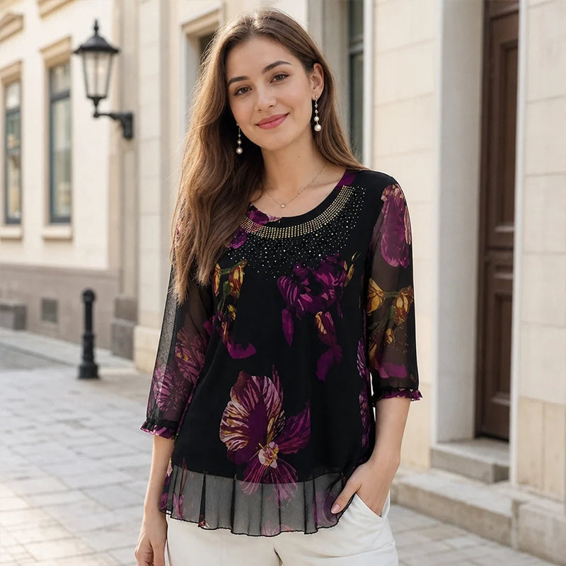 Flexiesa | Blouse tunique florale avec manches transparentes