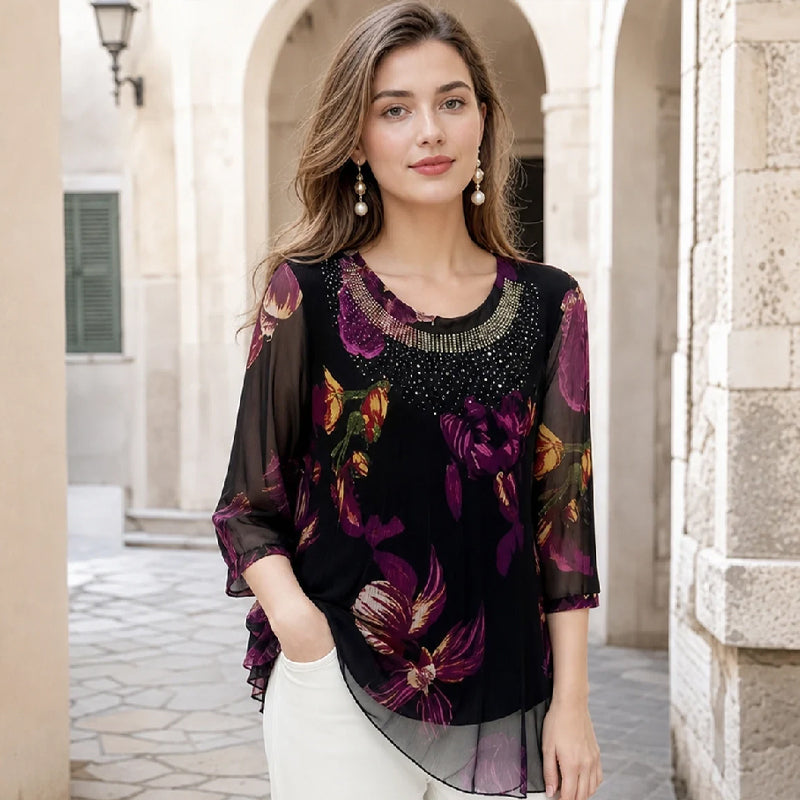 Flexiesa | Blouse tunique florale avec manches transparentes