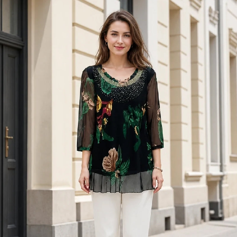 Flexiesa | Blouse tunique florale avec manches transparentes