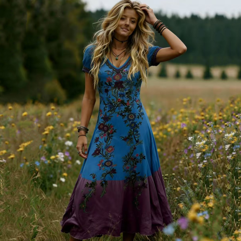 Lelean | Robe maxi vintage dégradée avec décolleté en V