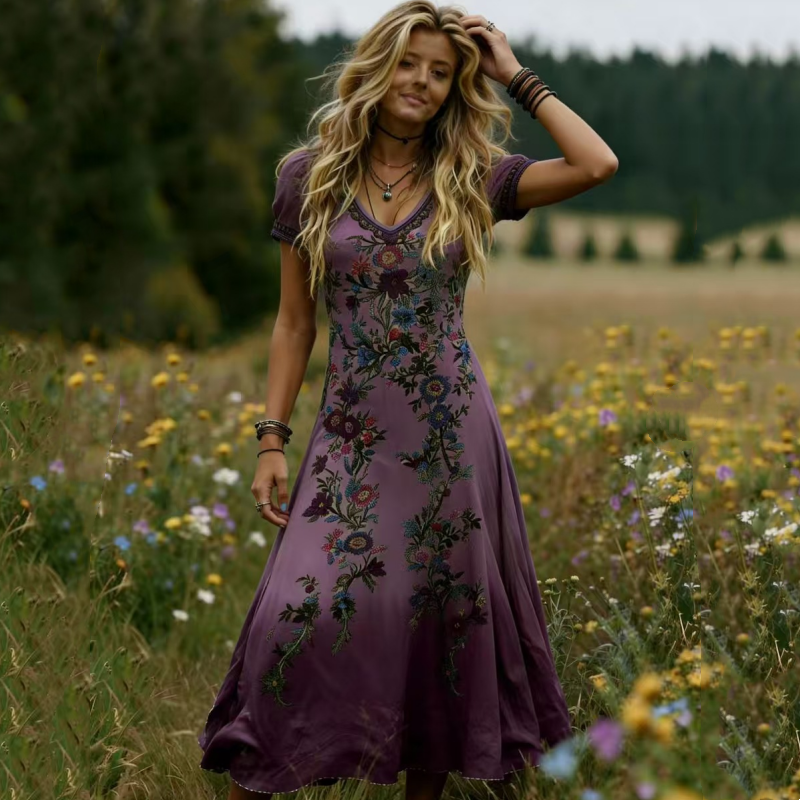 Lelean | Robe maxi vintage dégradée avec décolleté en V