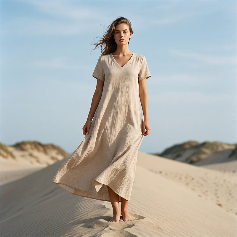 Robe maxi femme fluide à col V avec manches courtes et poches