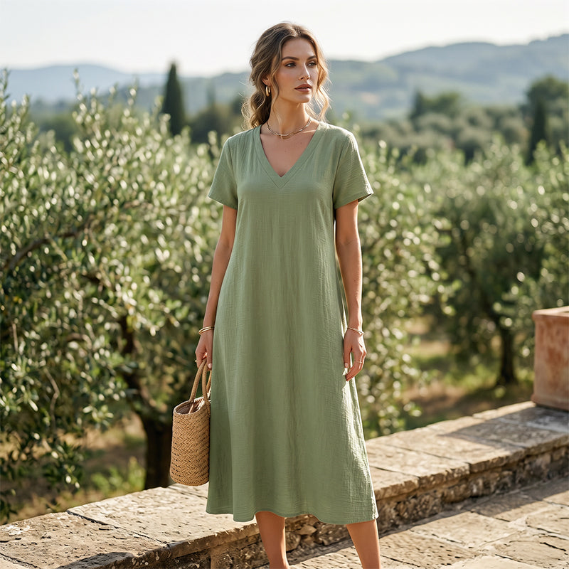 Robe maxi femme fluide à col V avec manches courtes et poches