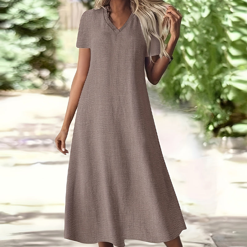 Robe maxi femme fluide à col V avec manches courtes et poches
