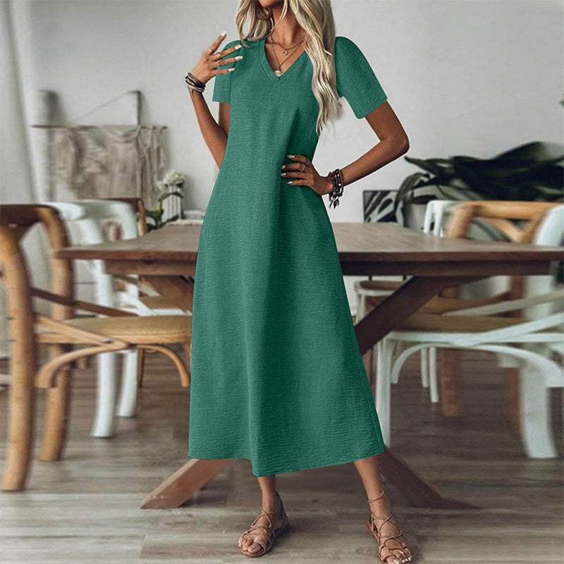 Robe maxi femme fluide à col V avec manches courtes et poches