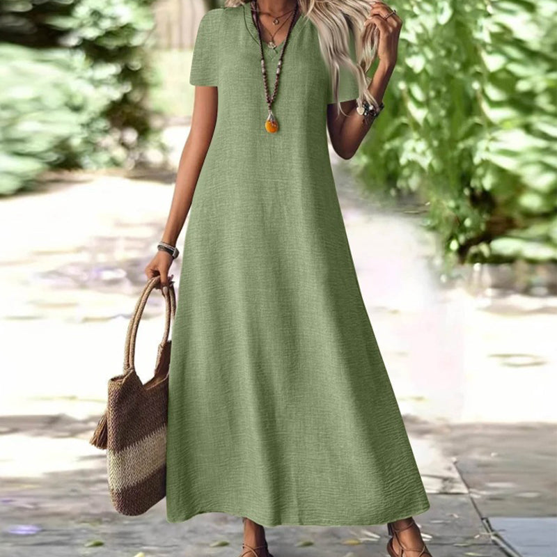 Robe maxi femme fluide à col V avec manches courtes et poches