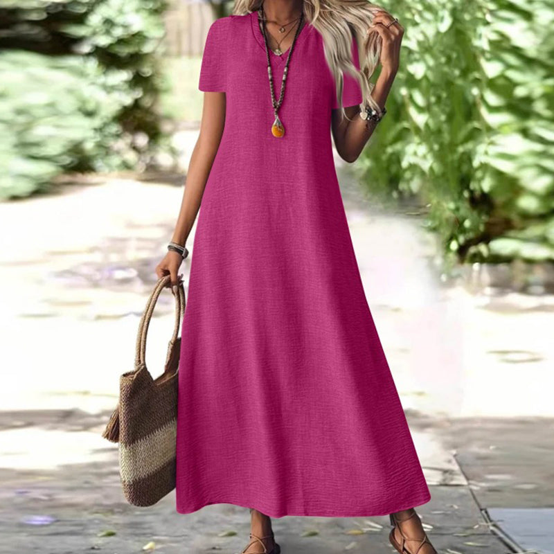 Robe maxi femme fluide à col V avec manches courtes et poches
