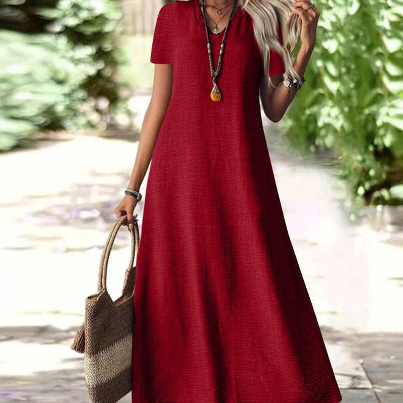 Robe maxi femme fluide à col V avec manches courtes et poches