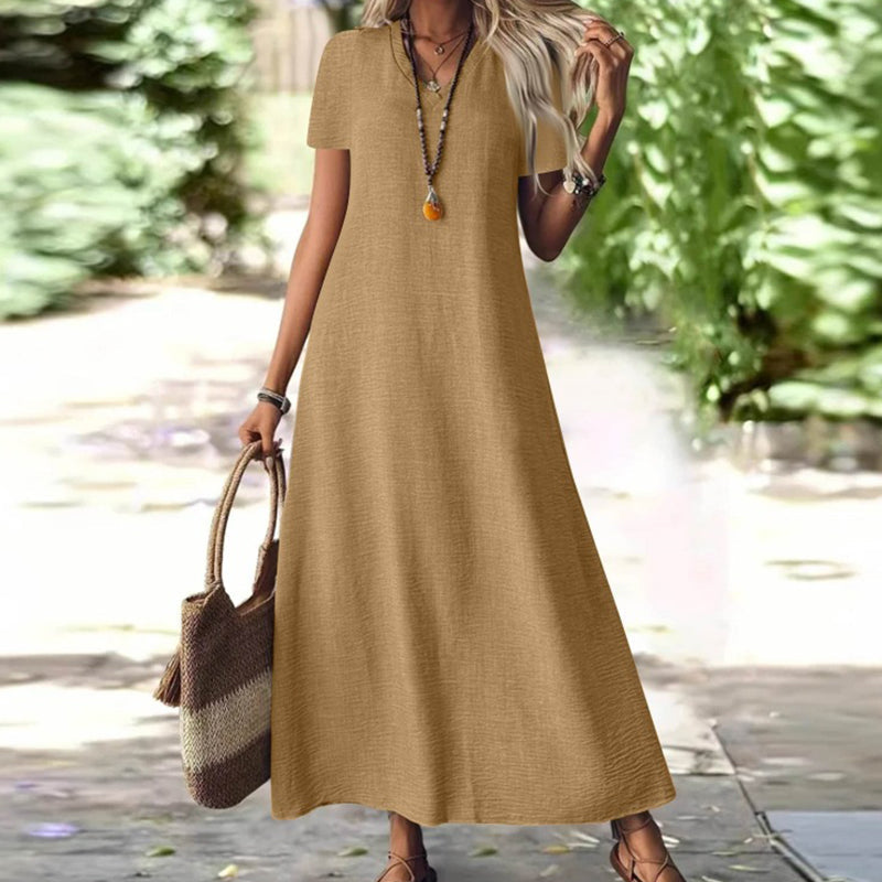 Robe maxi femme fluide à col V avec manches courtes et poches