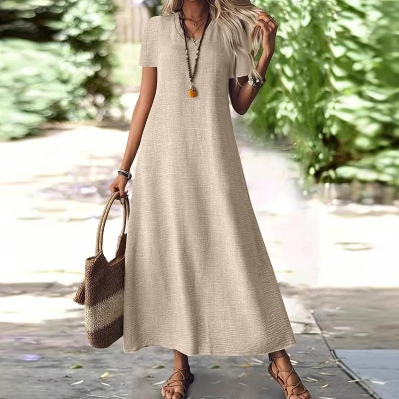 Robe maxi femme fluide à col V avec manches courtes et poches