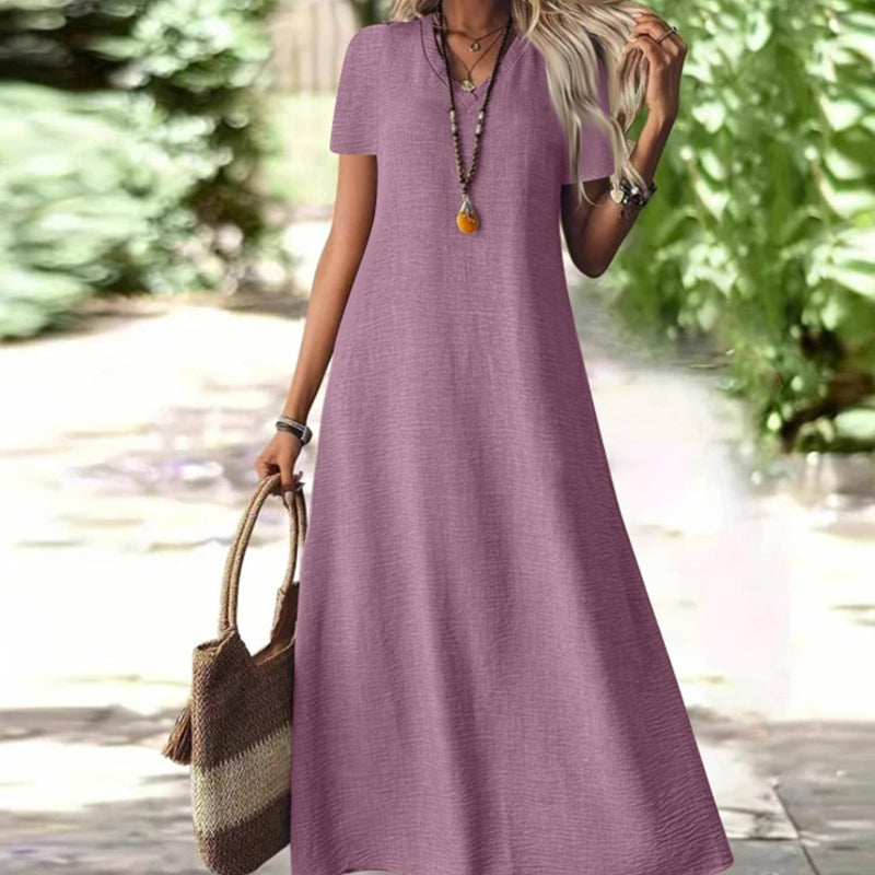 Robe maxi femme fluide à col V avec manches courtes et poches