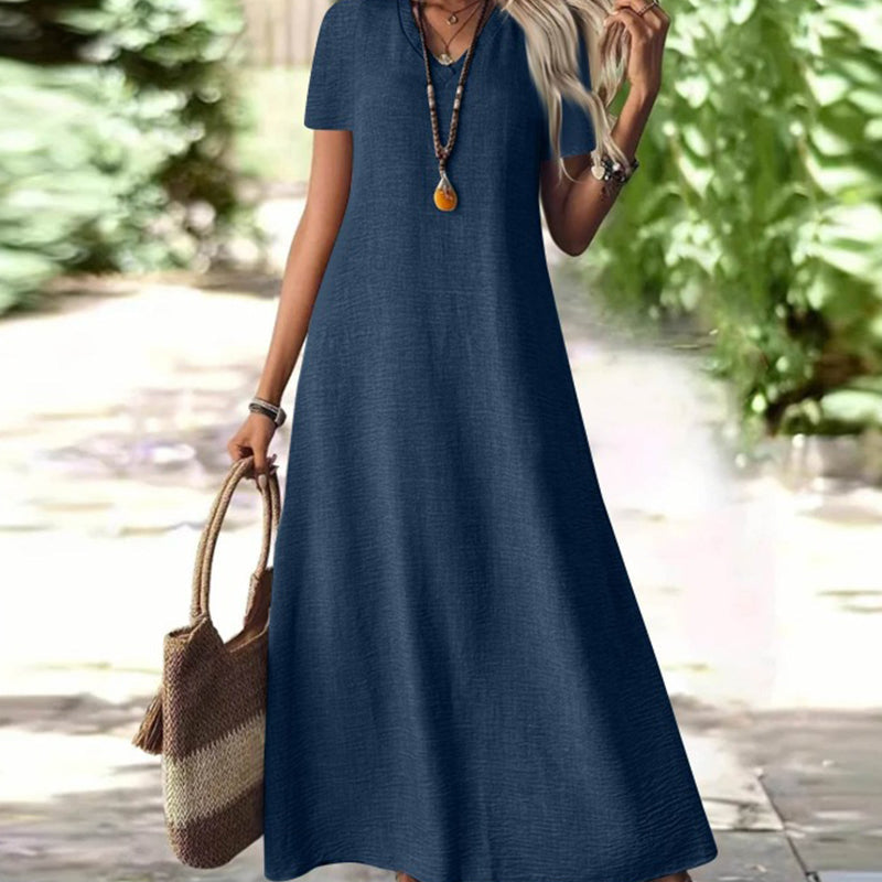 Robe maxi femme fluide à col V avec manches courtes et poches
