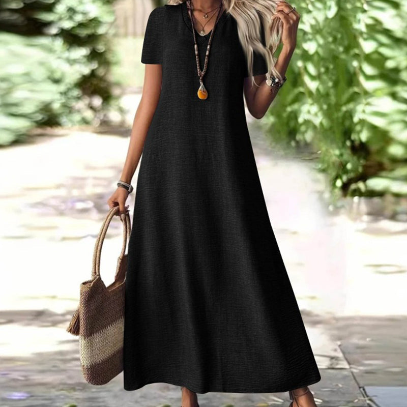 Robe maxi femme fluide à col V avec manches courtes et poches