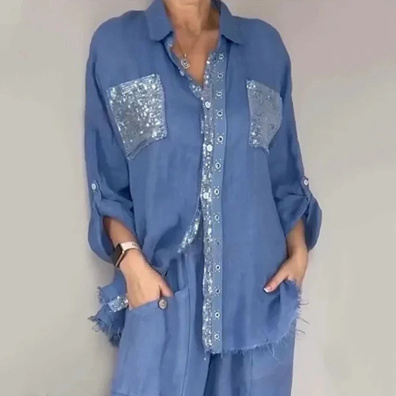 Ensemble femme blouse fluide et pantalon large à détails pailletés