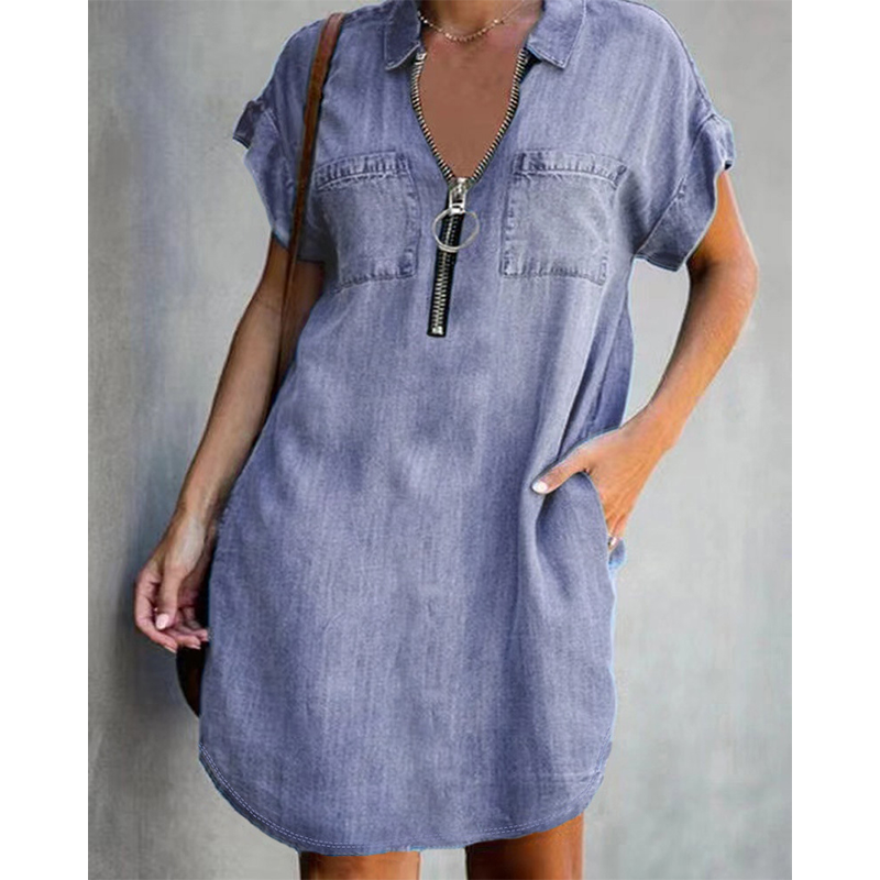 Sarevia | Robe en denim à manches courtes avec fermeture éclair frontale