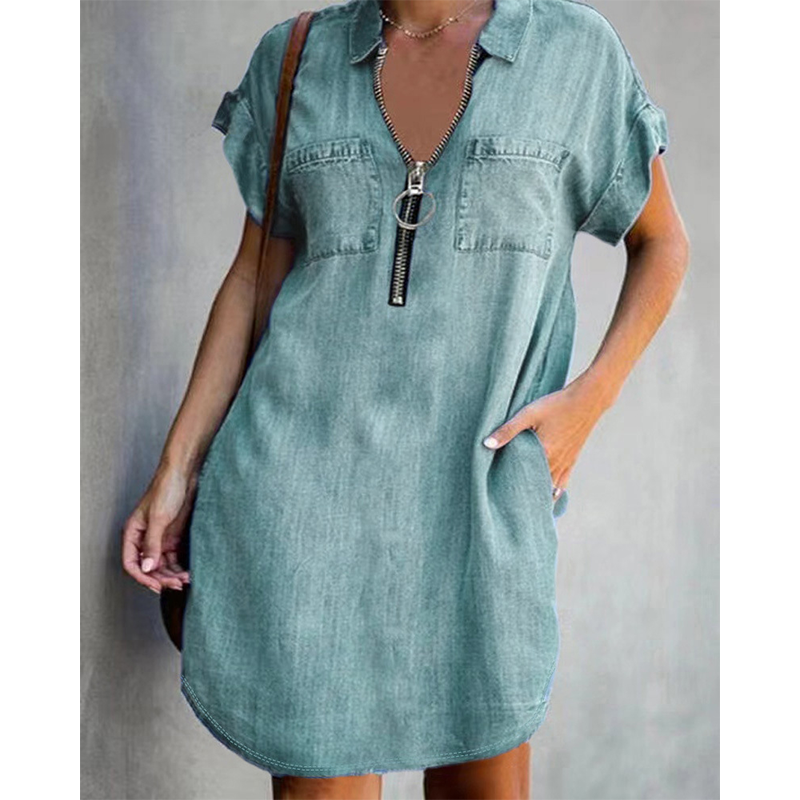 Sarevia | Robe en denim à manches courtes avec fermeture éclair frontale