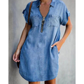 Sarevia | Robe en denim à manches courtes avec fermeture éclair frontale