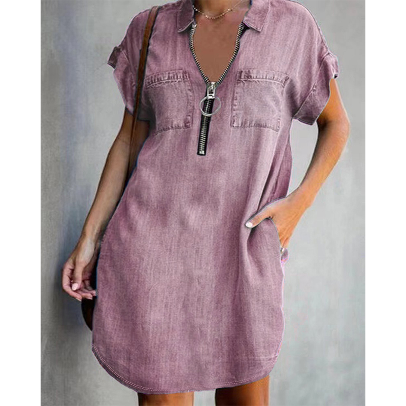 Sarevia | Robe en denim à manches courtes avec fermeture éclair frontale