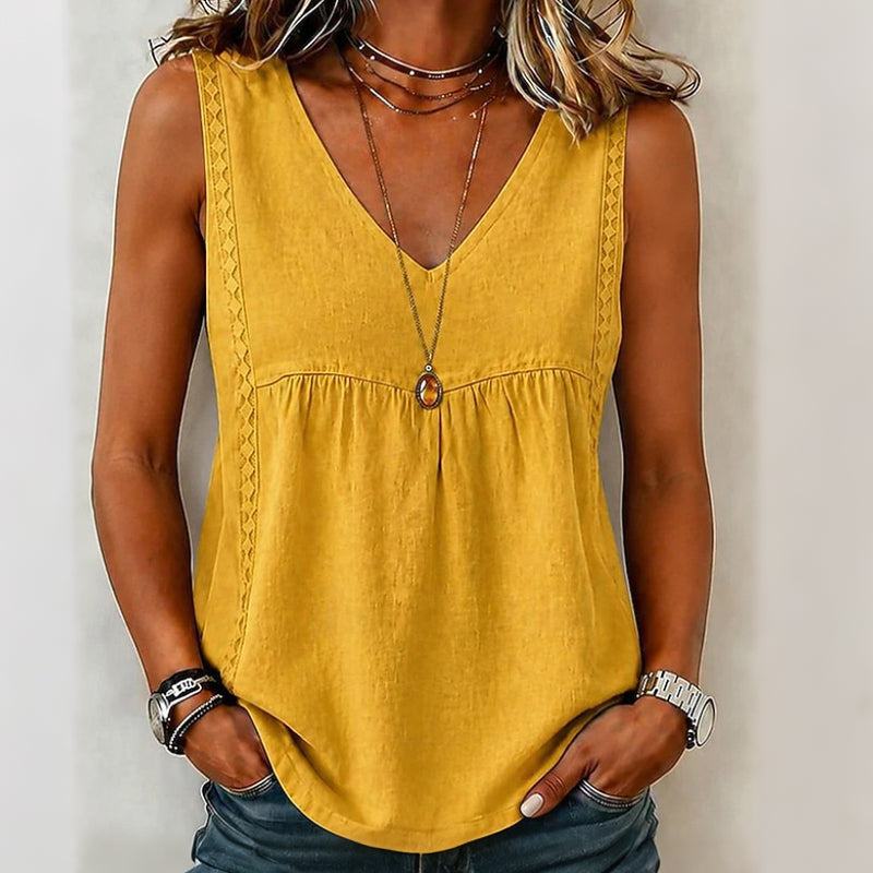 Débardeur femme coton-lin col V avec dentelle latérale