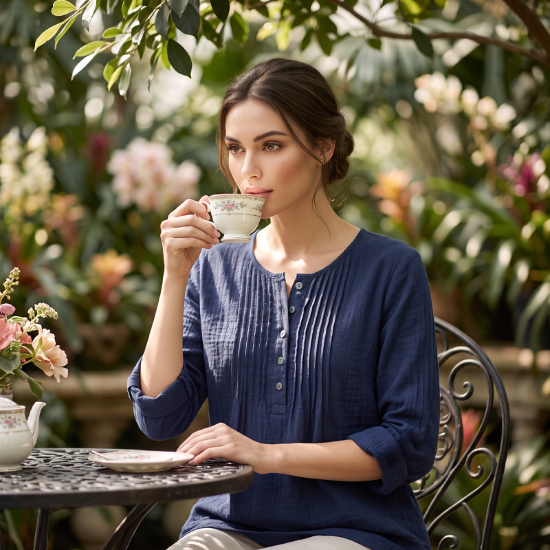Lujena | Blouse à manches longues avec plis et col Henley